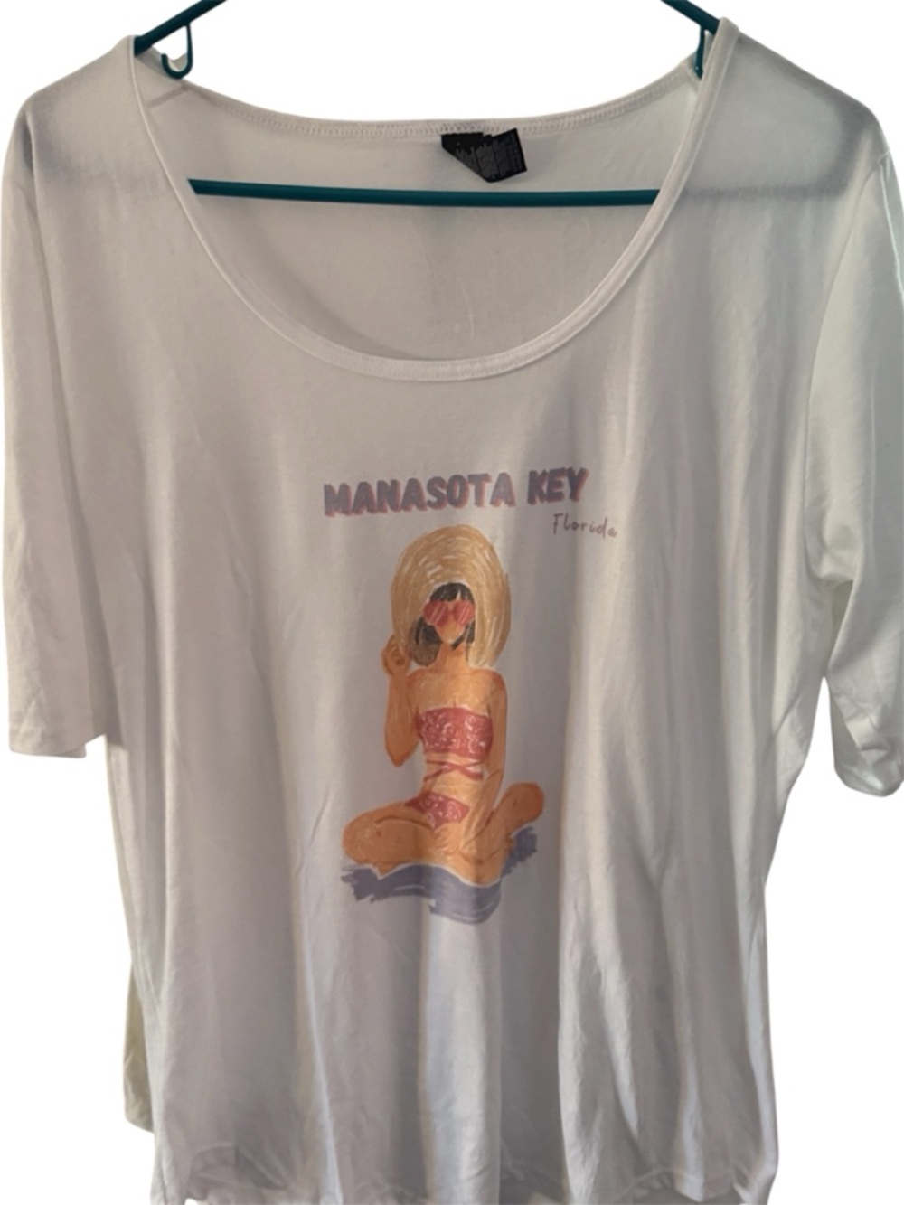 Anvil White Tri-Blend Tee with beach girl Manasota key Florida on front graphic